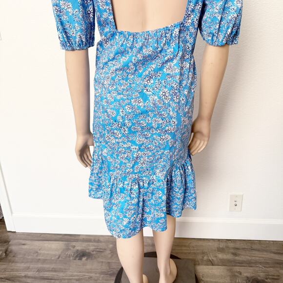 [Topshop] Blue Ditsy Floral Open Back Ruffle Hem Poplin Mini Shift Dress Size 10 - Picture 7 of 12